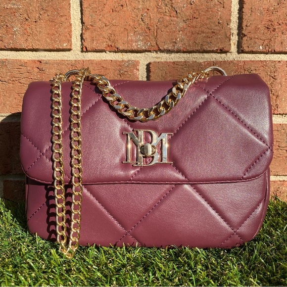 Badgley Mischka Handbags - Badgley Mischka Plum Vegan Leather Quilted Flap Crossbody w. Gold Tone Logo